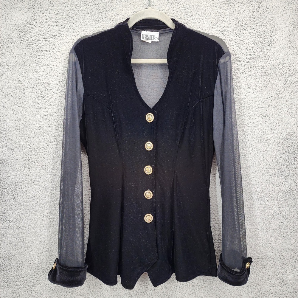 Vintage Tower USA Womens Large Velvet Sheer Sleeve Gold Button Career Top Blouse